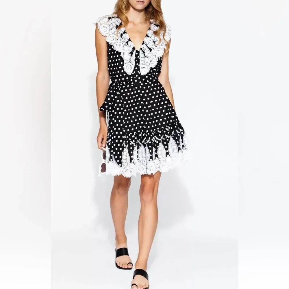 Miguelina Black polka dot crochet lace detailed Mini Dress, M